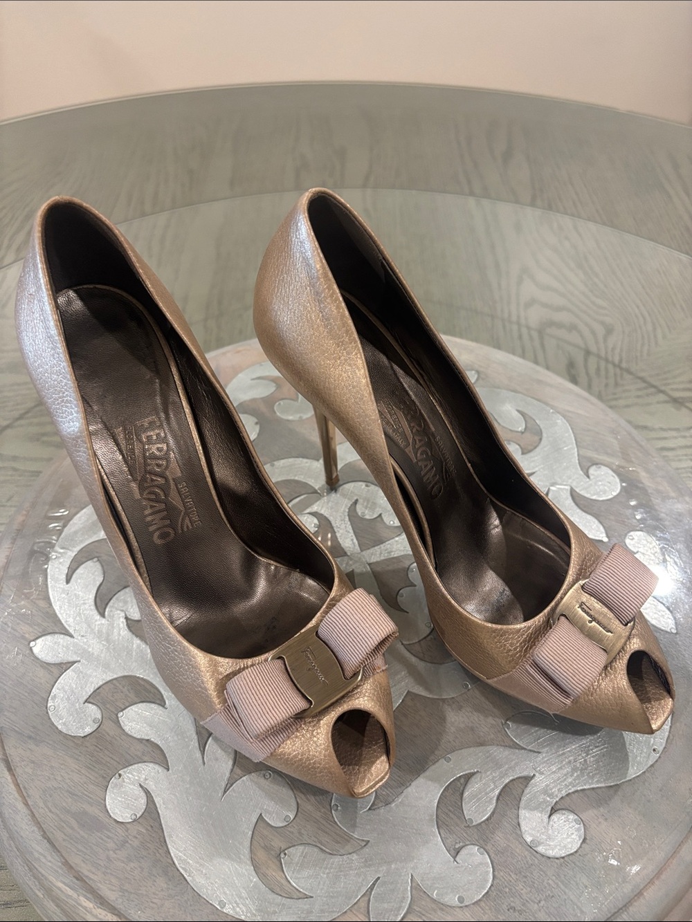 Salvatore Ferragamo Gold Metallic Peep-Toe Pumps with Grosgrain Bow